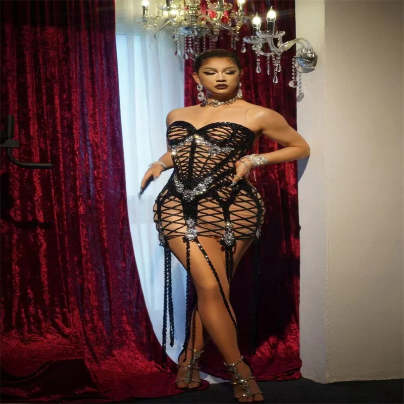 

Q605 Hollow Sleeveless Sexy Perform Nightclub See-Through Transparent Model Strapless Backless Ballroom Tight Elastic Stretched