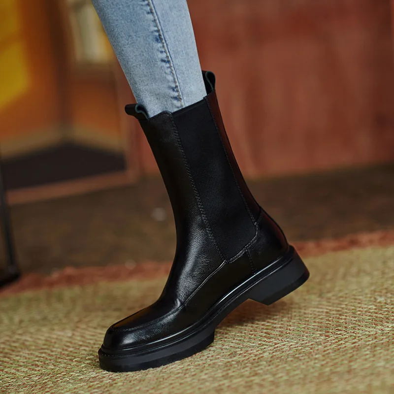 Chelsea Boots Women Natural Genuine Leather Flat Platform Mid Calf Boots Round Toe Ladies Shoes Autumn Winter Black 40