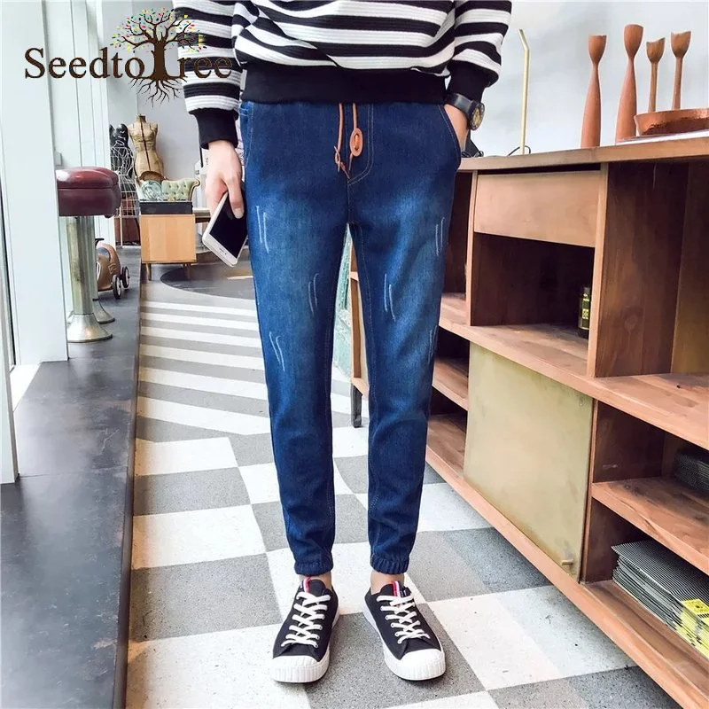 Solid Color Hole Casual Men's Jeans Ankle Length Pants Denim Trousers Pencil Pants
