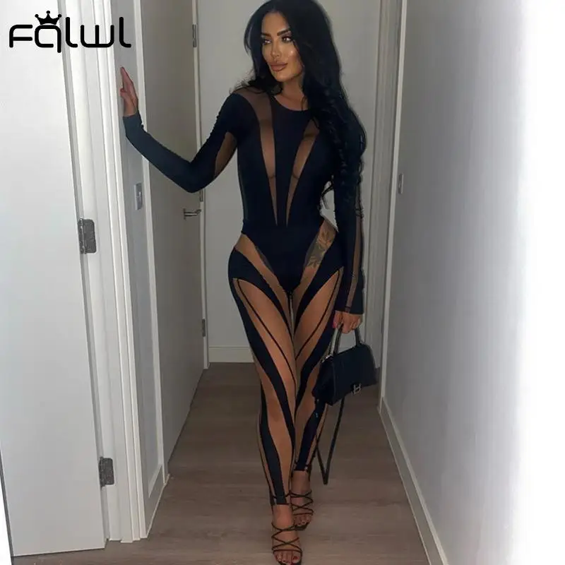

FQLWL Sexy Black Jumpsuit Women 2022 Patchwork Mesh See Through Rompers Womens Jumpsuit Red One Piece Outfits Bodycon Jumpsuit