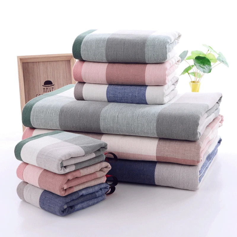 

Japanese Muslin Towel Set Plaid Bath Towels for Adults Cotton Large 70*140cm Beach Towel Soft Absorbent Face Hand Terry Towels