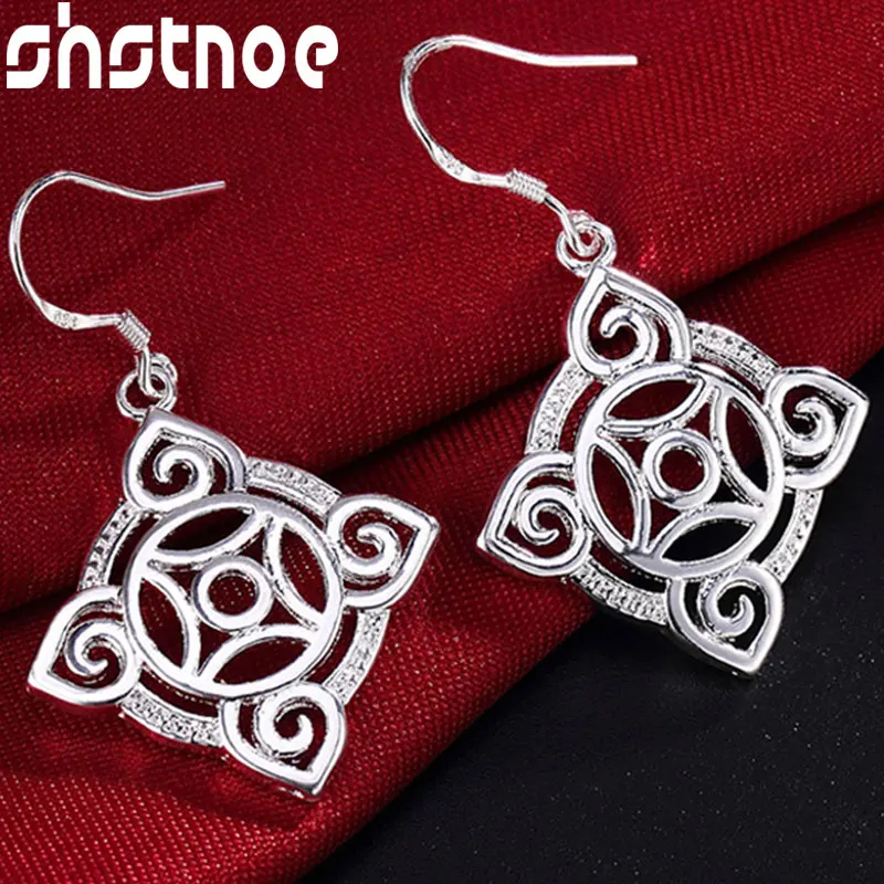 

925 Sterling Silver Hollow Square Pattern Drop Earrings For Women Party Engagement Wedding Valentines Gift Fashion Jewelry