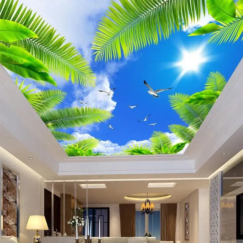 

Custom Any Size 3D Wall Mural Ceiling Photo Wallpapers Blue Sky Sunshine Palm Seabirds 3D Stereo Wall Paper Papel De Parede Sala