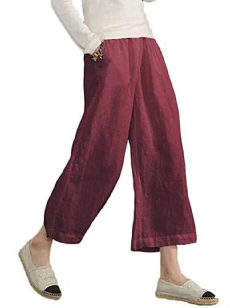 

Cotton Linen Wide Leg Pants Women Clothing Fashion Spring Summer New Solid Pockets Casual Loose Mid Waist White Ninth Trousers