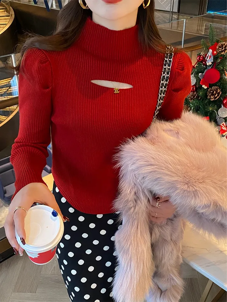 2024 водолазка ажурный вязаный женский свитер пуловеры в рубчик осень-зима базовые