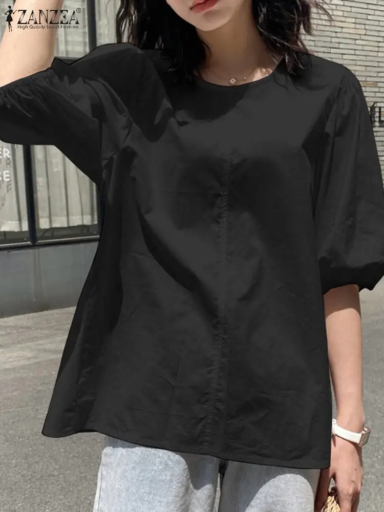

Женская летняя винтажная туника с коротким рукавом однотонные топы майки ZANZEA 2022, модная офисная блузка, повседневные топы, элегантная уличн...