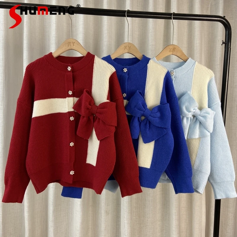 

2022 Spring New Ladies Fashion Color Matching Bow Sweater Cardigan Coat Women's Sweet Simple Pearl Buckle Round Neck Knitted Top