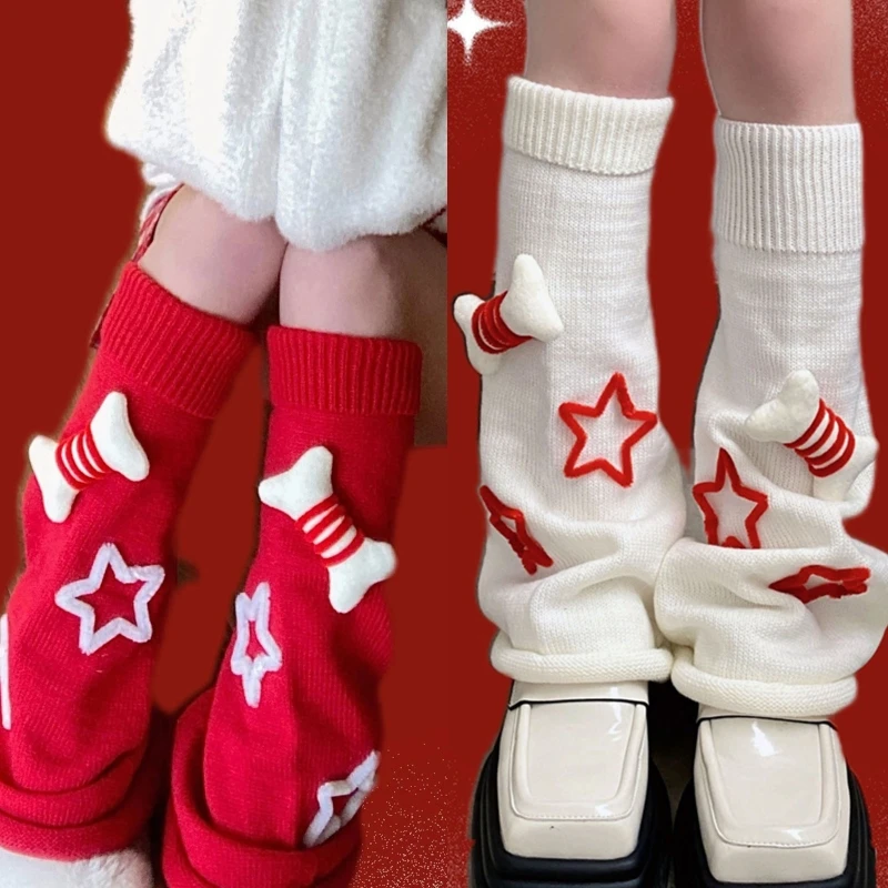 

Japanese Women Girls Leg Warmers Socks Harajuku Lolita Cute 3D Small Bone Star Knitted Warm Foot Covers Chic Streetwear