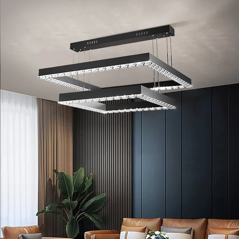 

LED Post Modern Black Square Block Crystal Chandelier Rectangle Hanging Light For Duplex Building Living Room Lamp Luminaire