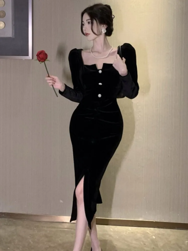 Сексуальное винтажное бархатное черное платье для женщин осеннее облегающее