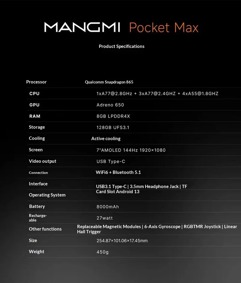 Портативная игровая консоль MANGMI Pocket Max с 7-дюймовым OLED-дисплеем 144 Гц, процессором Snapdragon 865, магнитным модулем с датчиками Холла, 8000 мАч (art.: 3920d82fa45ee) - 3920d82fa45ee