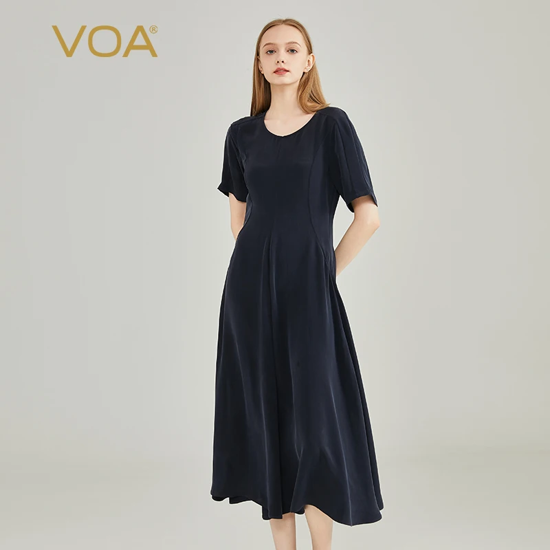 

VOA 30 Momme Heavyweight Silk Navy Blue O-neck Dresses Hidden Side Zipper Used Sand Wash Short Sleeve Dress Summer AE2159