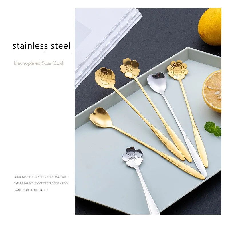 Ложка из нержавеющей стали для кофе с изображением вишен и розового золота, серебряная, подарок на Рождество, кухонные принадлежности, столовые приборы, декор.