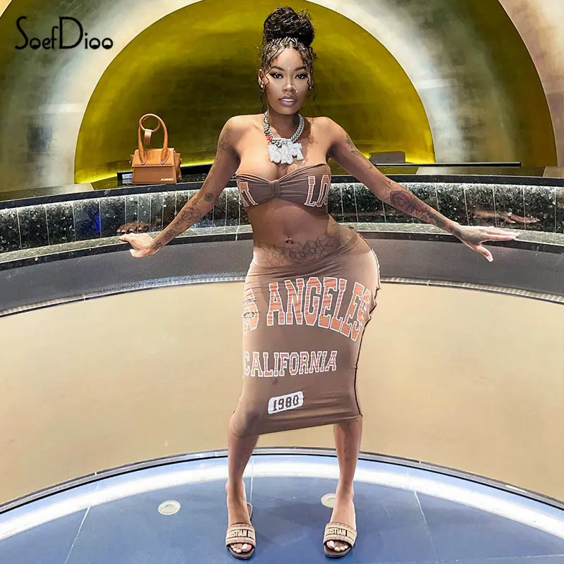 

Комплект из двух предметов Soefdioo с надписью, Женский хипстерский сексуальный топ с оборкой на груди и юбка миди, подходящая Летняя коллекция 2023, Клубные наряды