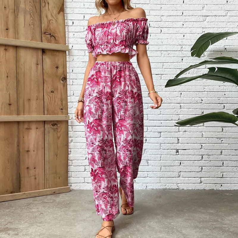 

Summer Off Shoulder Casual Two Piece Sets Womens Outifits Off Back Lotus Edge Top Loose Straight Barrel Printed Pants