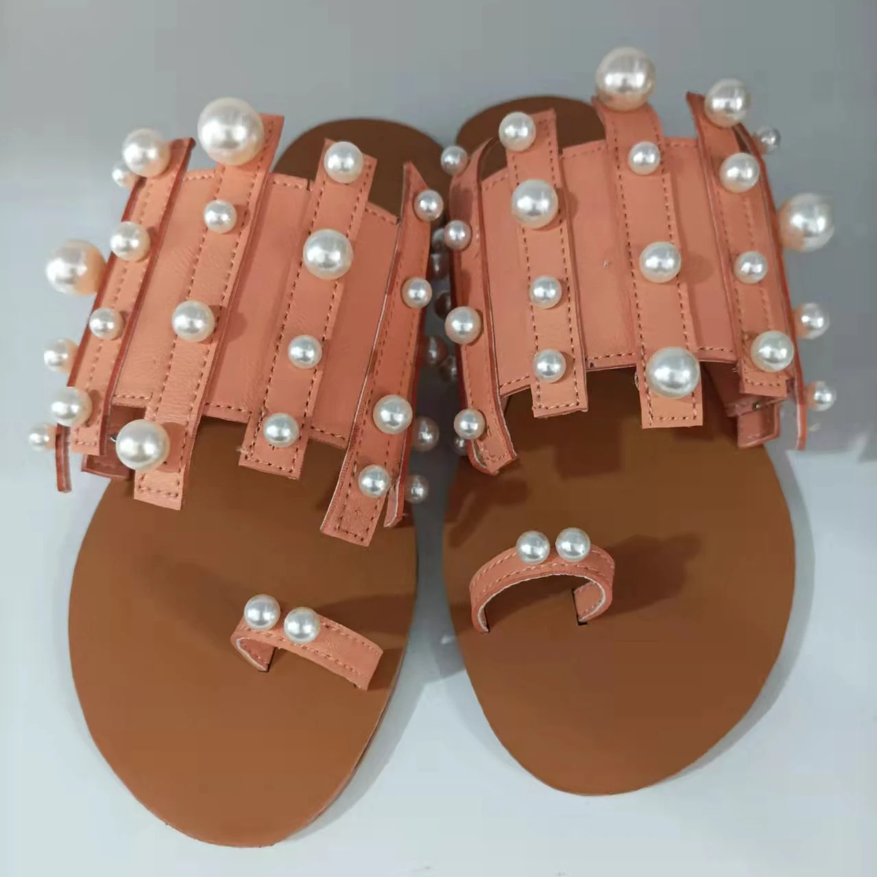 2022 Summer Women Flats Slippers Fashion Pearl Women's Sandals Casual Flip Flops Ladies Plus Size 43 Beach Slippers Female