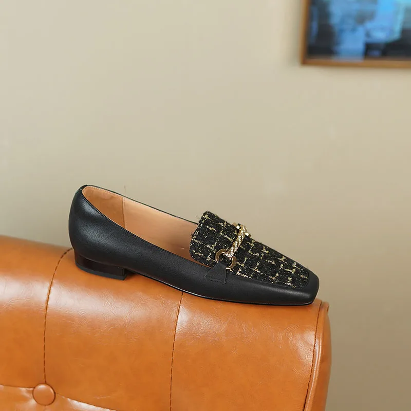 Mature Office Metal Bow Knot Ladies Lafers Flats Square Toe Autumn 2022 Slip On Low Woman Chunky Heels Pumps Business Shoes Size