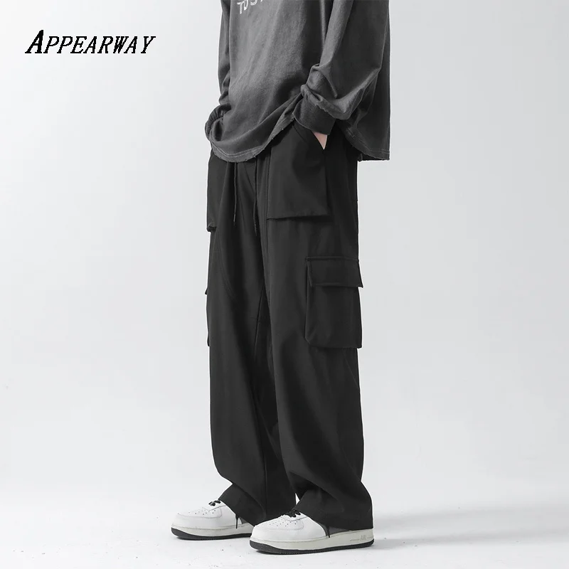 

Summer Men's Cargo Pants Korean Solid Multi-Pockets Straight Pants Male Hip Hop Street Elastic Waist Loose Trousers