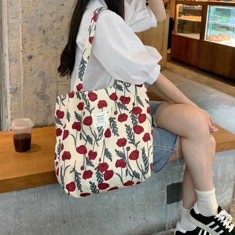 

Large Capacity Women Thin Cloth Shoulder Bag Retro Floral Schoolgirl's Book Tote Handbags Vintage Female Grocery Shopping Bags