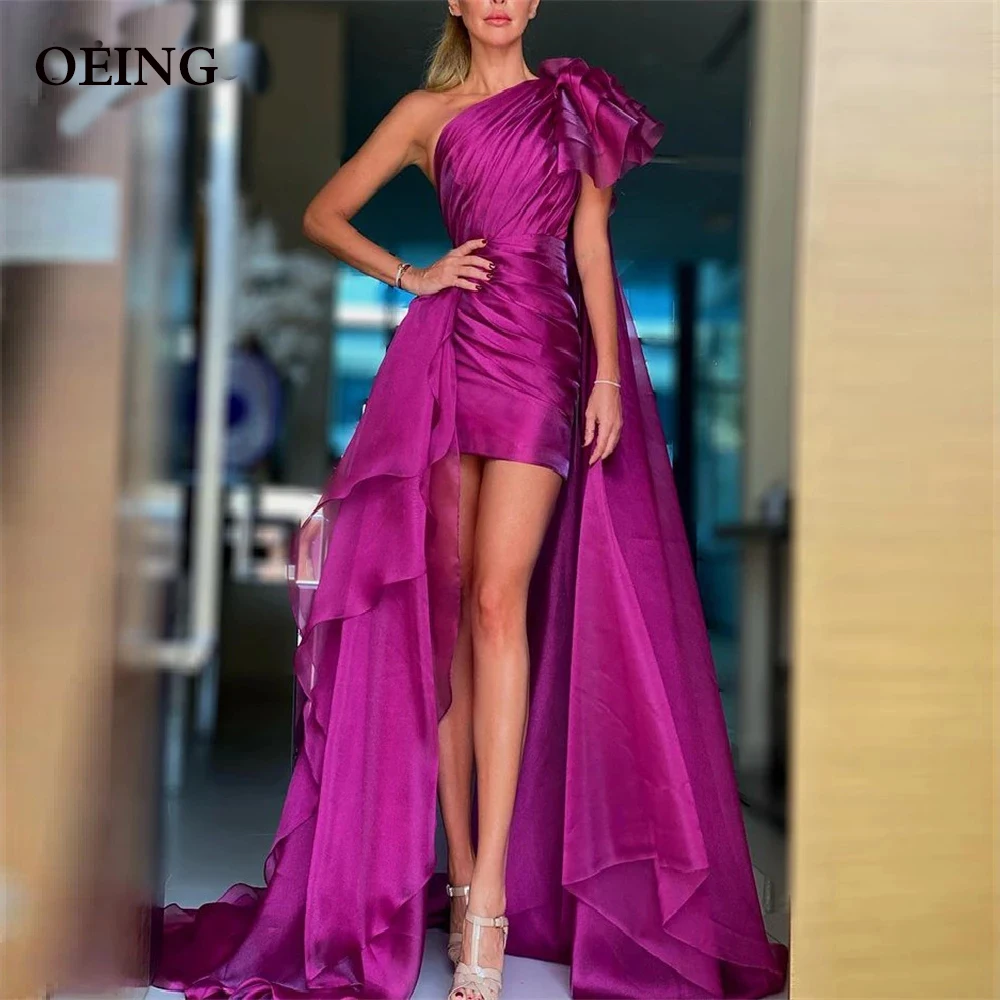 

OEING Fashion Dark Purple Short Prom Dresses One Shoulder Sleeves Organza Detachable Train Evening Gowns Formal Party Graduation