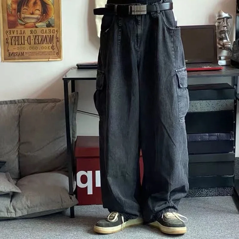 HOUZHOU Baggy Jeans Trousers Male Denim Pants Black Wide Leg Pants Men's Jeans Oversize Cargo Korean Streetwear Hip Hop Hara