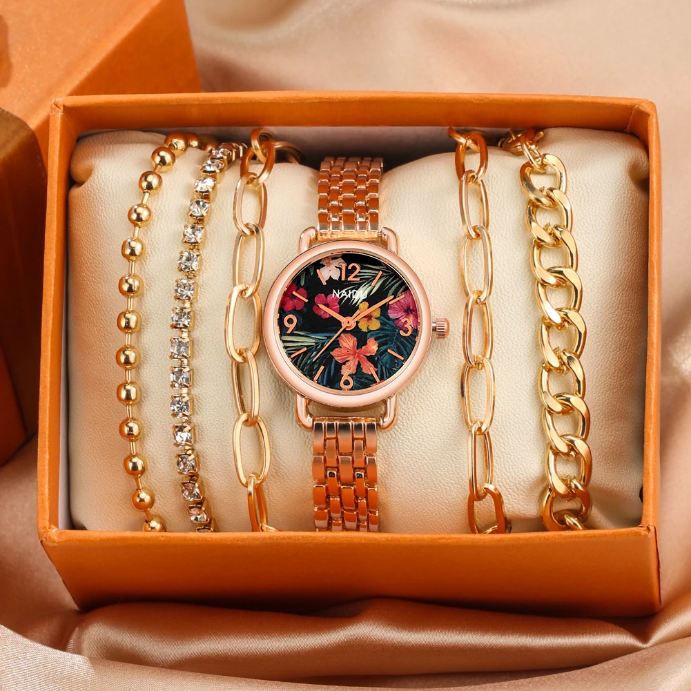 

Элегантный комплект женских часов и браслетов, красивые кварцевые часы с цветочным циферблатом и тонким ремешком, наручные часы, подарок на...