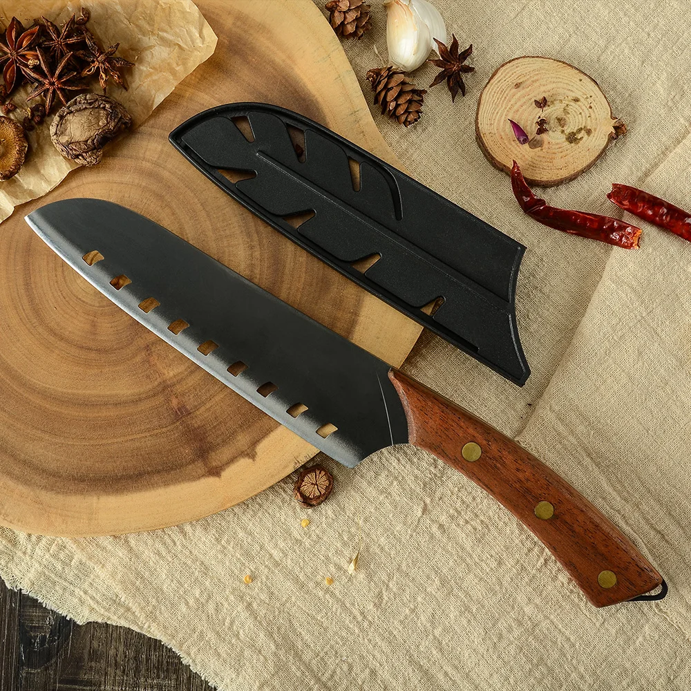 Нож сантоку XYJ черный 7 дюймов с деревянной ручкой