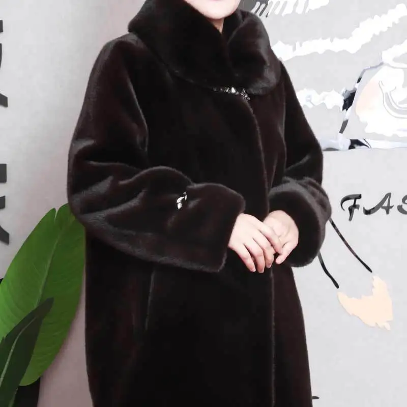 Women's Winter Faux Fur Jacket Thick Thermal Black Fur Coat Mid-length Hooded Fur Jacket Large Crystal Button Embellishment