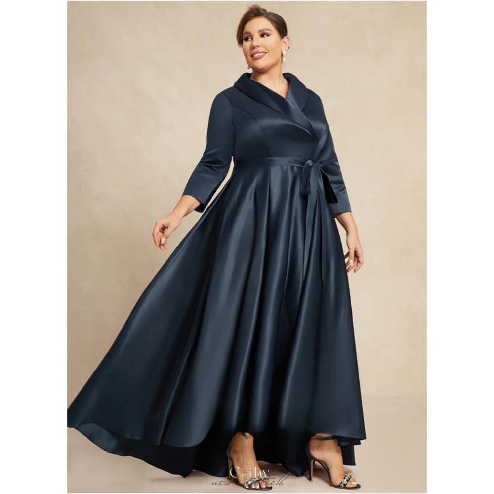 Cathy Темно-синие атласные свадебные платья с поясом и длинными рукавами