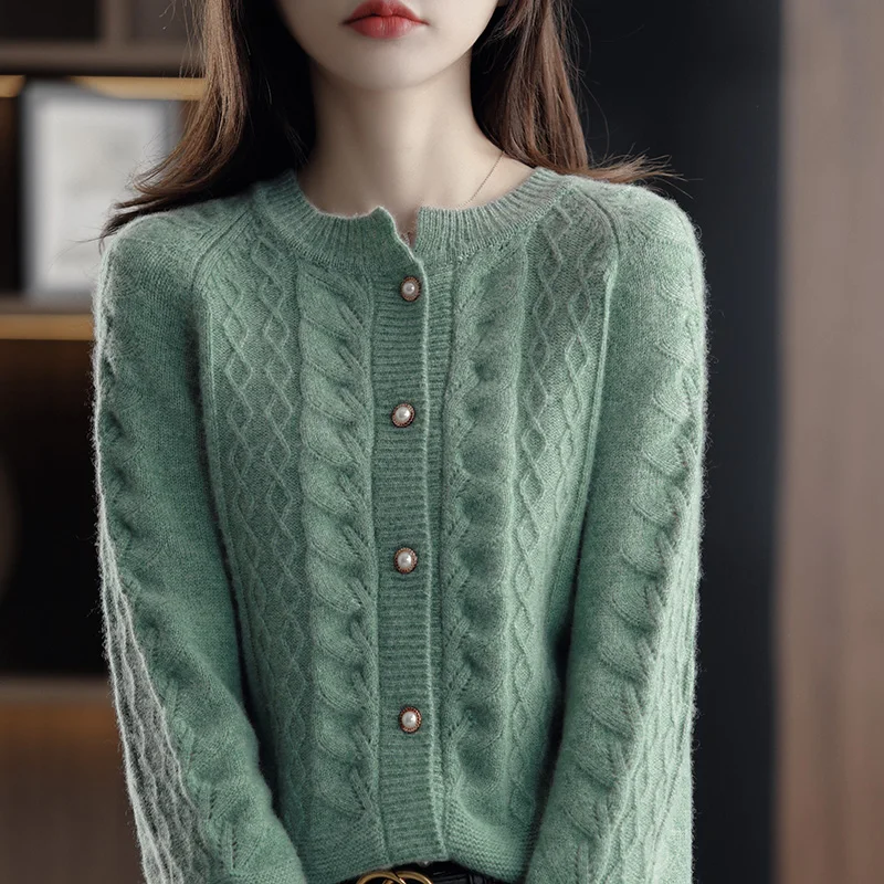 Осень-зима новый женский свитер 100% кашемир Merino кардиган с круглым вырезом модная