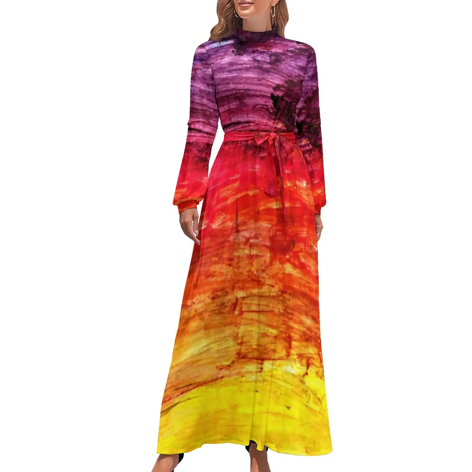 

Платье с абстрактным закатом, женское длинное платье с современным рисунком, Стильные пляжные Длинные платья в стиле бохо с высокой талией и длинным рукавом