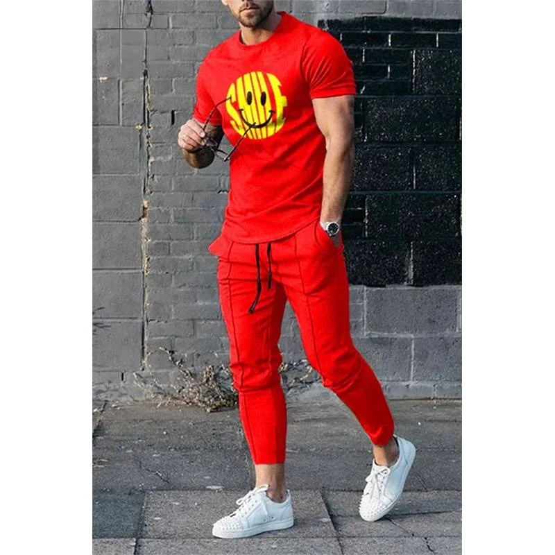 

Men's Tracksuit 2 Piece Set Summer Smiley Printed Comfortable Short Sleeve+Trousers Suit Male Streetwear Clothes T-shirts Tops