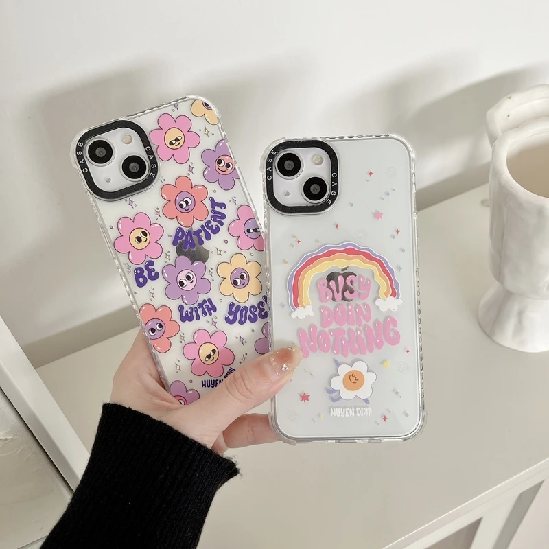 

Ins Korea Cute Smiley Rainbow Flower Phone Case For iPhone 11 12 13 Pro Xs Max Xr 7 8 Puls SE 2020 Cute Shockproof Soft Cover
