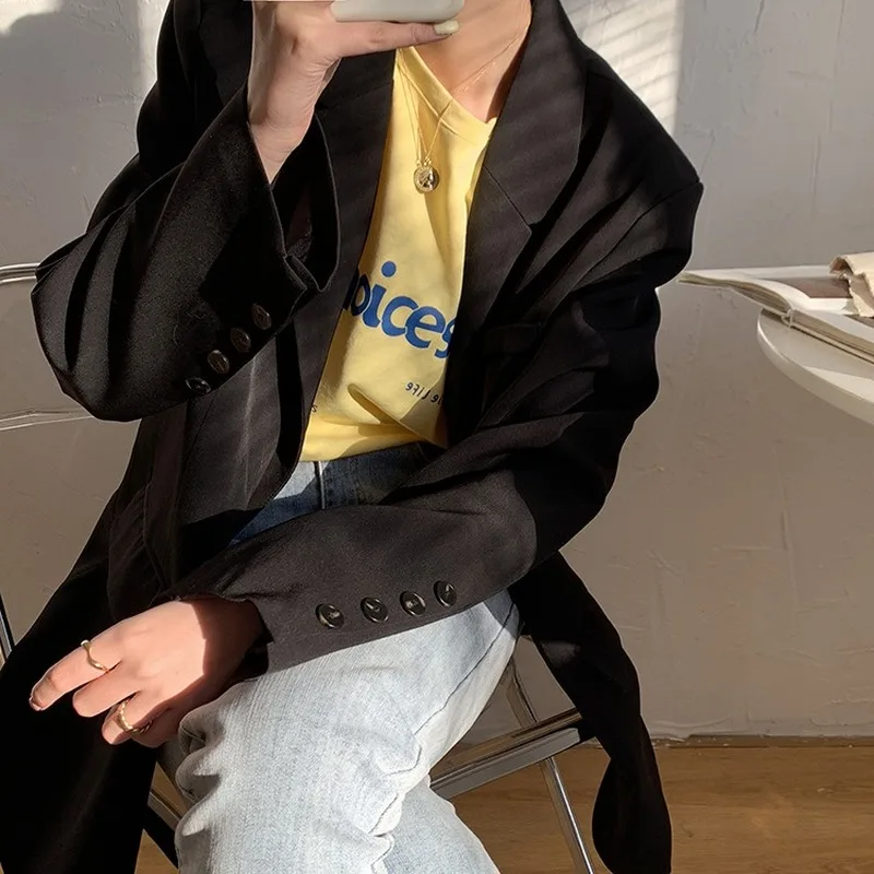 Chic Back Split Blazers Solid Colors Shoulder Pad Loose Suits Women Single Breasted Long Sleeve Blazer Office Lady Jacket Spring