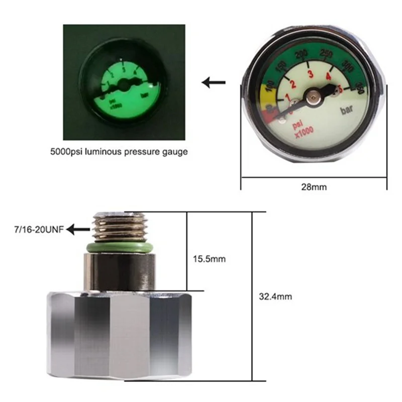 Манометр для бутылки подводного плавания 1 дюйм 350 бар/5000 фунтов на квадратный 7/16