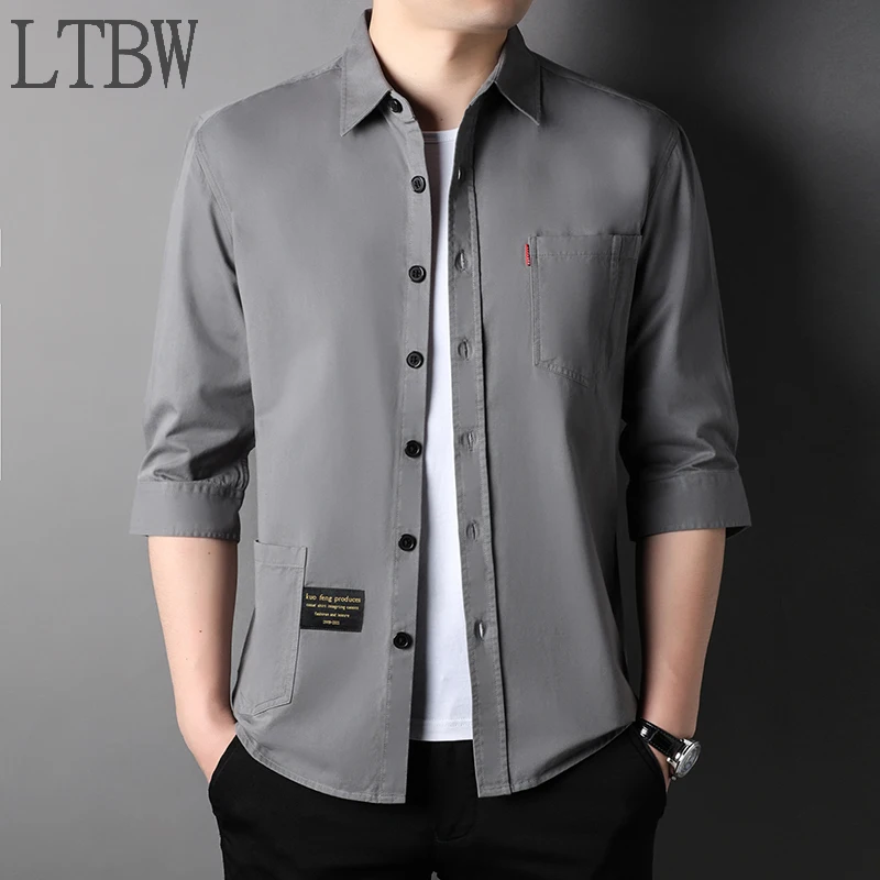 LTBW Men's 3/4 Sleeve Shirts Casual Cargo Shirts Classic Tops with Pockets