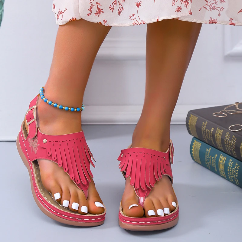 

2022 New Summer Tassel Gladiator Sandals Women Clip Toe Wedges Buckle Sandals Woman Plus Size 43 Slingbacks Platform Beach Shoes