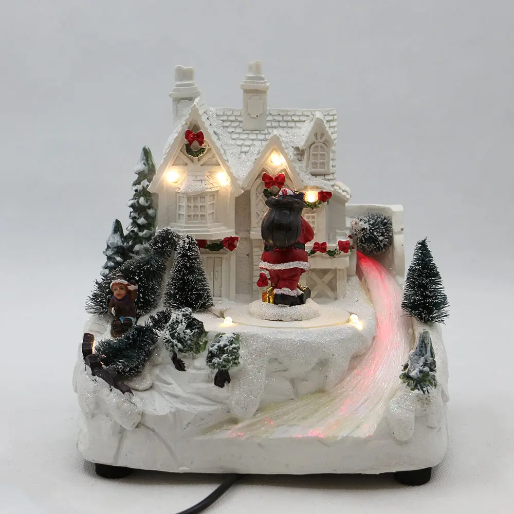 

Christmas Decoration Village Collection Figurine Building XMAS Snow House With Santa Claus LED Lighting Home Fireplace Ornament