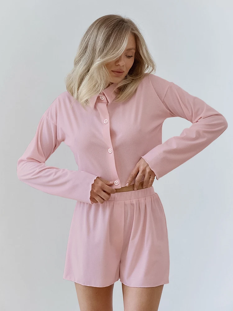 

Hiloc Pink Knitted Pajamas Set Turn Down Collar Crop Tops Ribbed Loungewear Long Sleeve Night Wears For Women Pajama 2023 Autumn