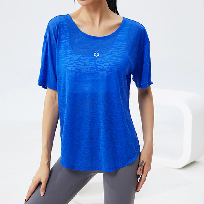 2022 Summer New Translucent Cutout Breathable Short Sleeve Loose Run Gym Workout Tops Women Fashion Yoga Fitness Sports Shirt