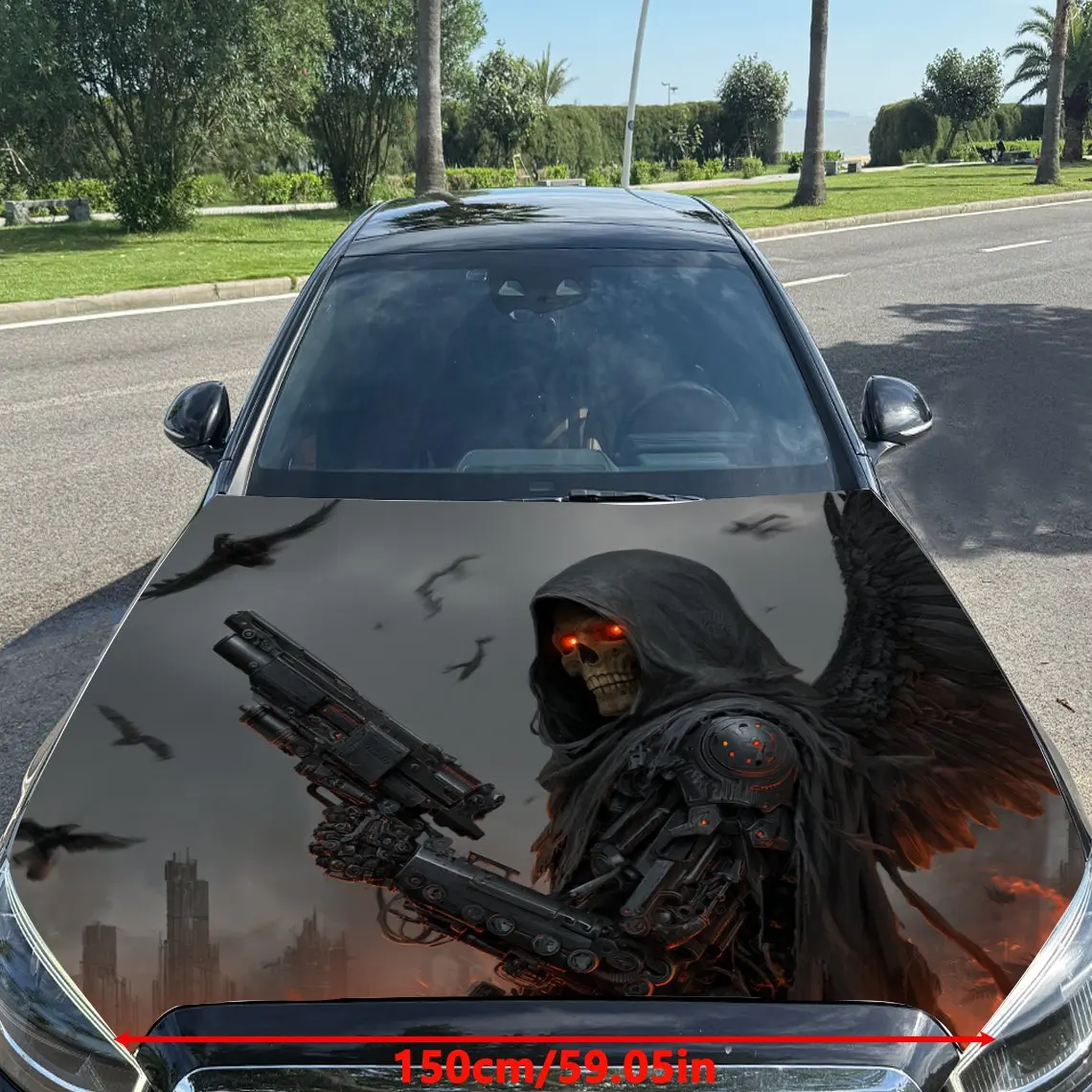 Фото Наклейки на капот автомобиля Cyber Grim Reaper Pattern, водонепроницаемые самоклеящиеся, устойчивые к царапинам, легко приклеиваемые, прочные автомобильные наклейки из ПВХ №2