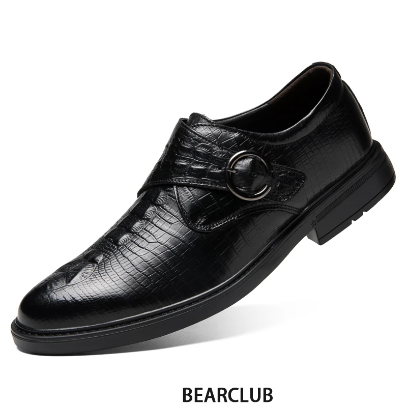 

BEARCLUB Men's Genuine Cow Leather Dress Shoes with Buckle Adjustment Crocdile Pattern Male Brogues Natural Material Breathable