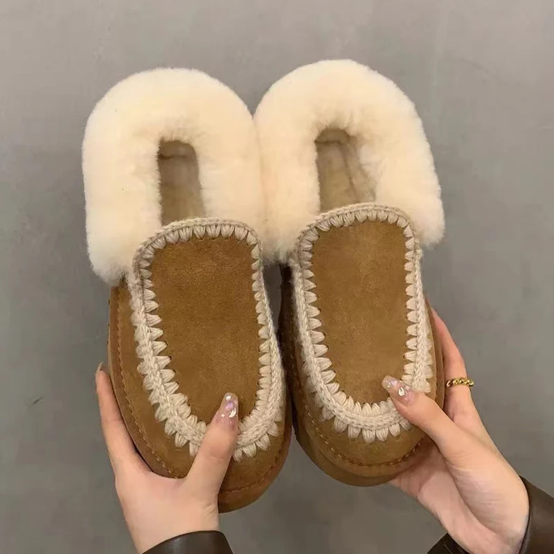 

Home Platform Flats Shoes Women Fur Casual Snow Boots 2024 Winter Warm Suede Shoes Plush Weave Boots Walking Loafers Botas Mujer