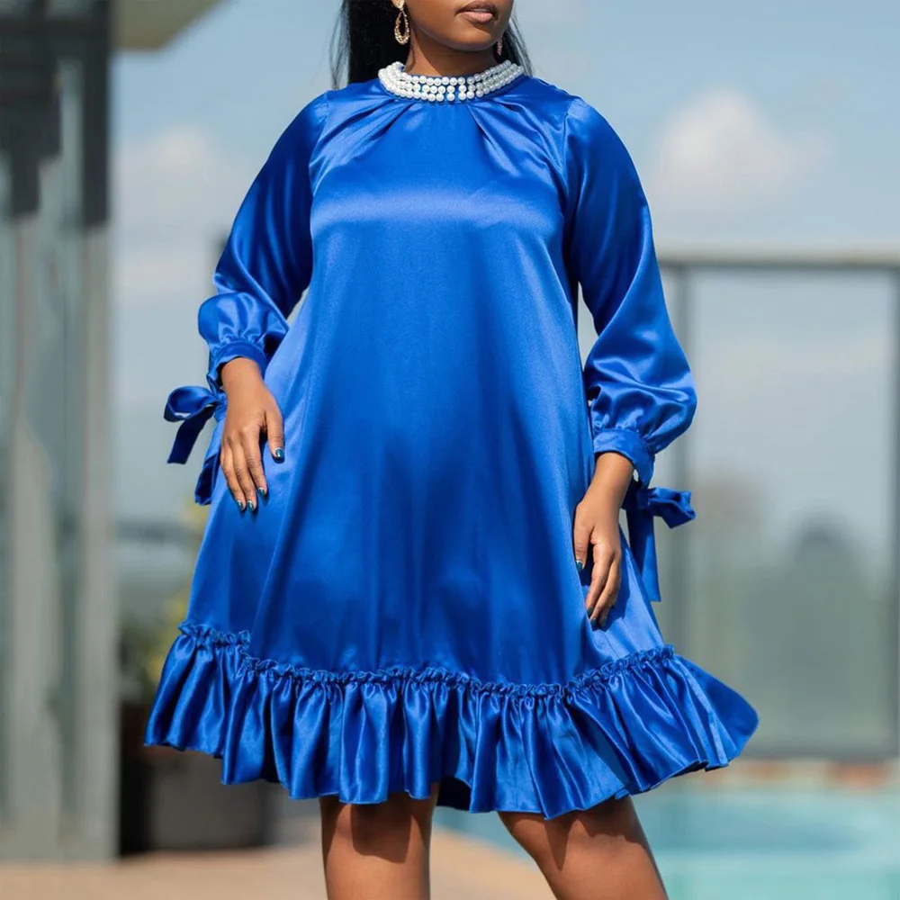 

Женское летнее платье с длинным рукавом, длиной до колена и оборками