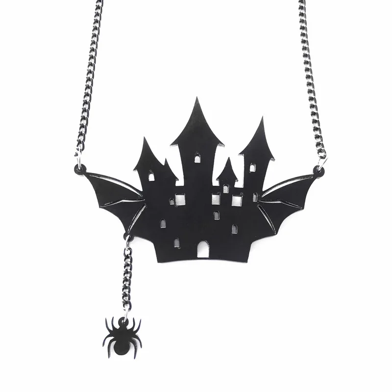 

New 1pcs Personality Gothic Creative Black Bat Horror Castle Spider Web Necklace Halloween Gift Novelty Necklace for Women