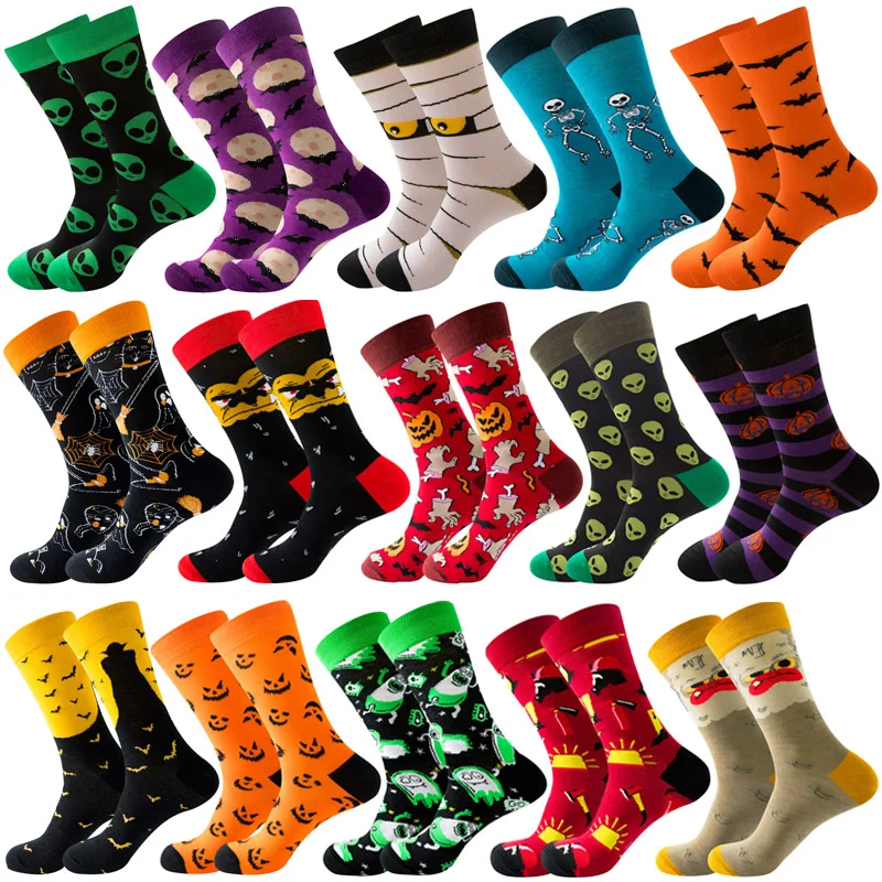 

Colorful Men's Novelty Creative Design Socks Halloween Skull Alien Women's Long Socks Pumpkin Monster Bats Business Dress Socks