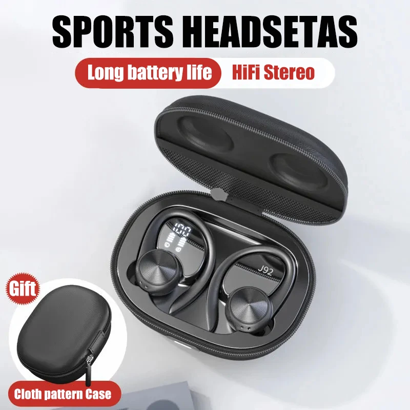 Fone de Ouvido Ganchos da Orelha Esportes sem Fio Estéreo à Prova Bluetooth Display Tws Fones 9d Dearbuds Água J92 5.0 Led