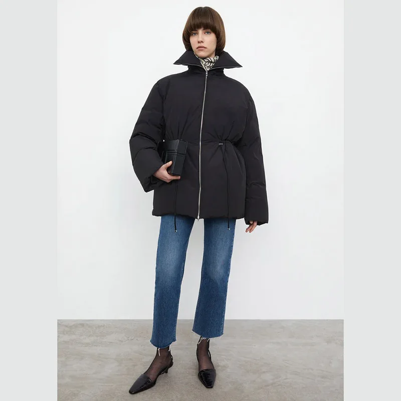 Totem* Down Jacket Women New Winter Black Down Coats Drawstring Waist Full Sleeves Turn-Down Collar Warm Down Jacket Coat