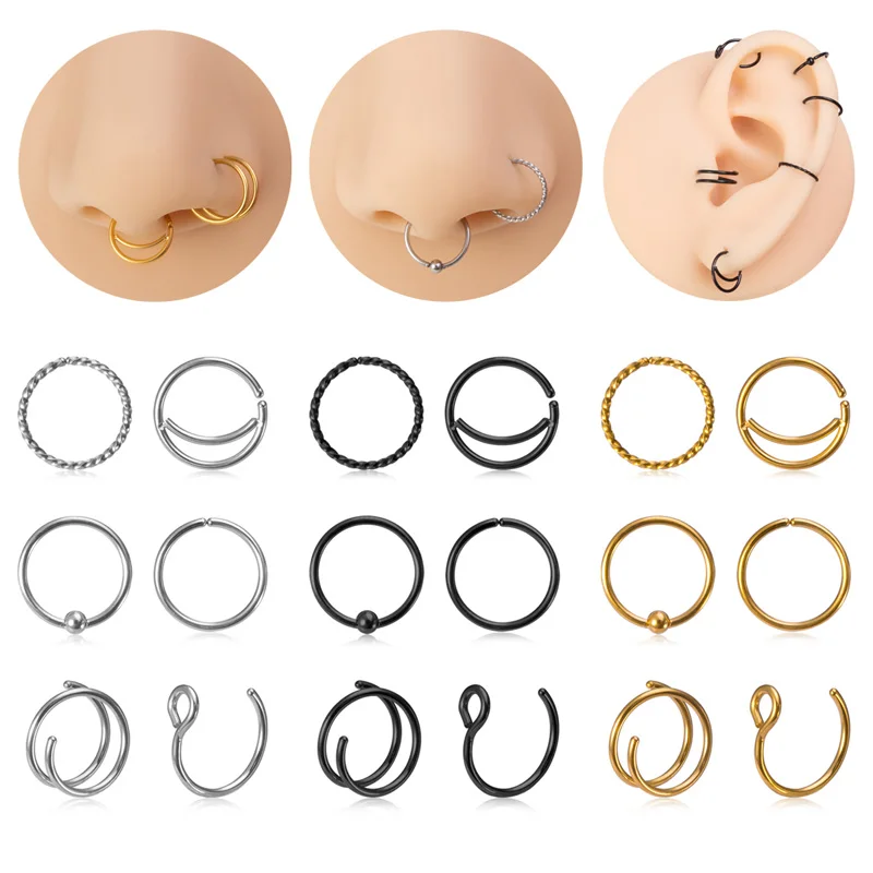 

6pcs Stainless Steel Hoop Nose Ring Septum Piercing Earrings Cartiliage Tragus Helix Ear Lip Hoop Kit for Women Body Jewelry 20G