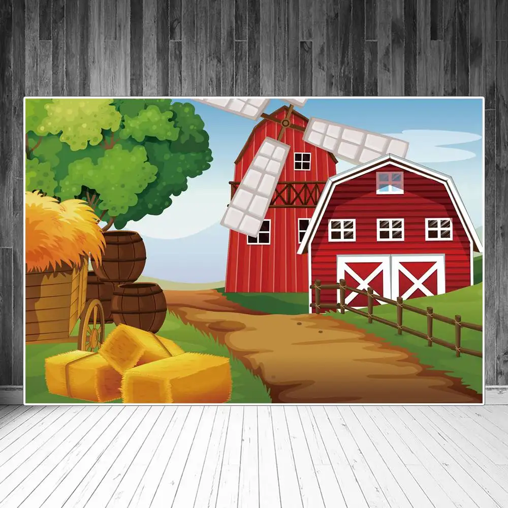 

Cartoon Farm Red Barn Photography Backdrops Decors Windmill Haystack Cart Sign Children Photobooth Photographic Background Props